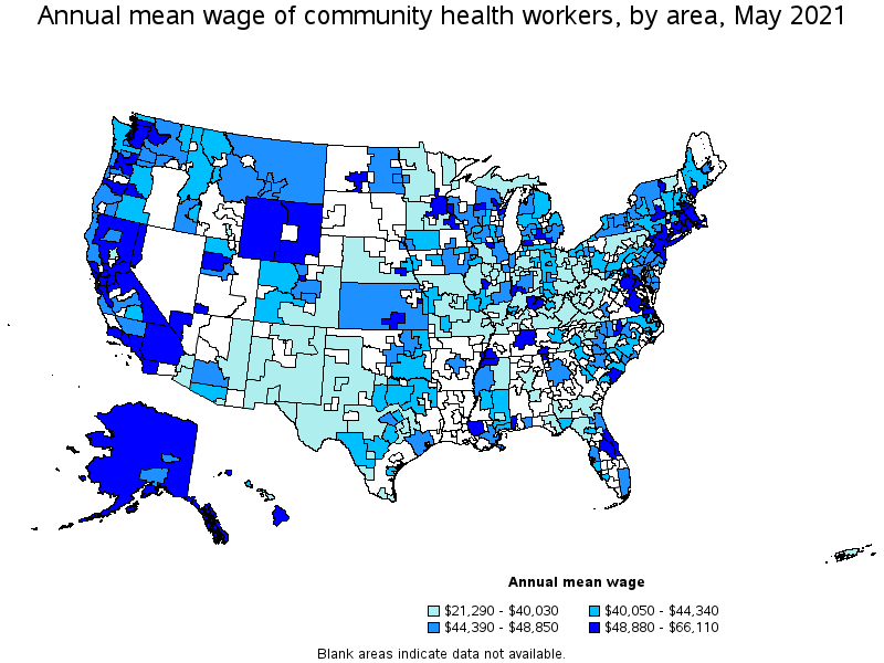 Map of annual mean wages of community health workers by area, May 2021