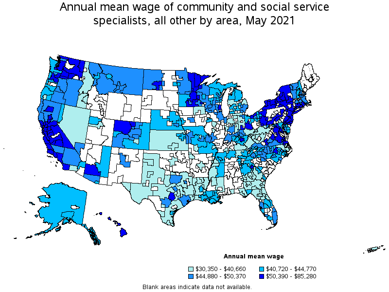 Map of annual mean wages of community and social service specialists, all other by area, May 2021