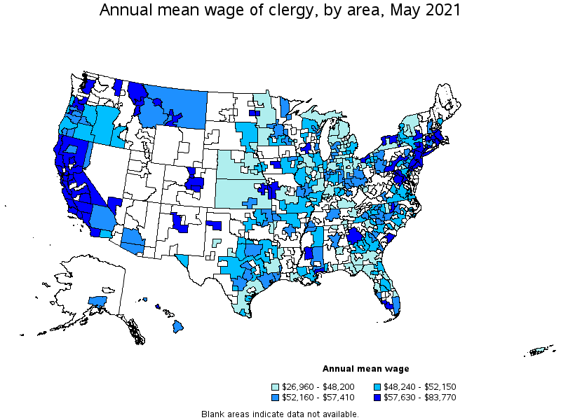 Map of annual mean wages of clergy by area, May 2021