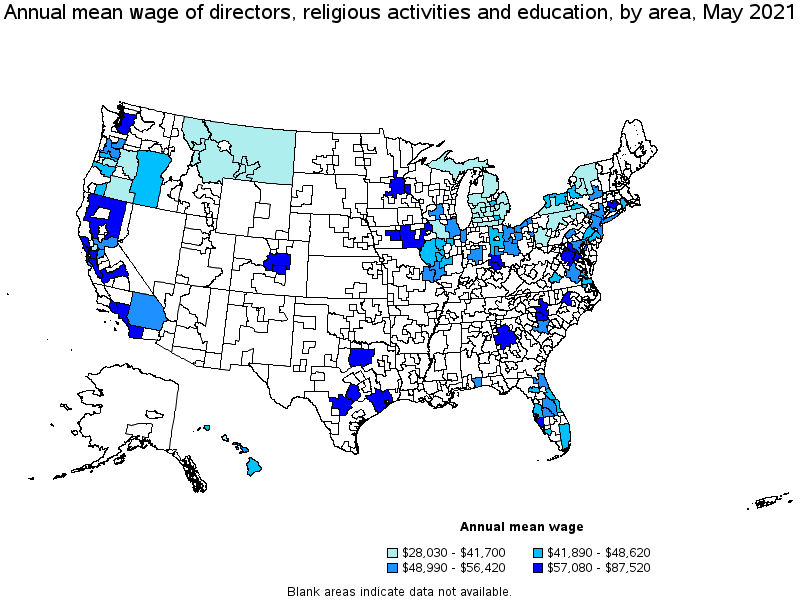 Map of annual mean wages of directors, religious activities and education by area, May 2021