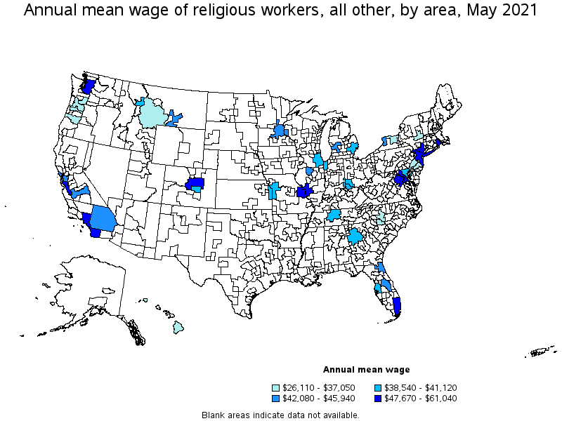 Map of annual mean wages of religious workers, all other by area, May 2021