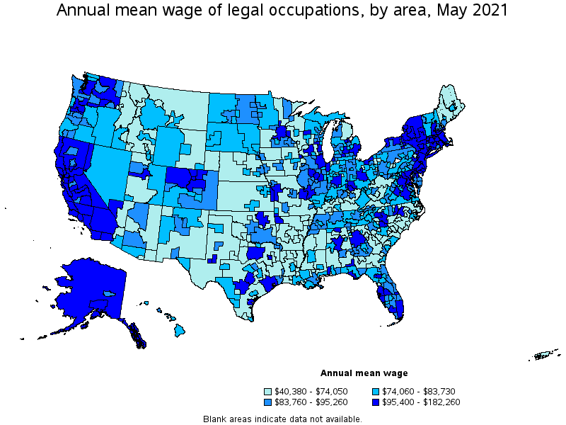 Map of annual mean wages of legal occupations by area, May 2021