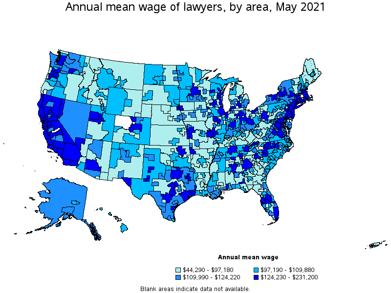 Map of annual mean wages of lawyers by area, May 2021