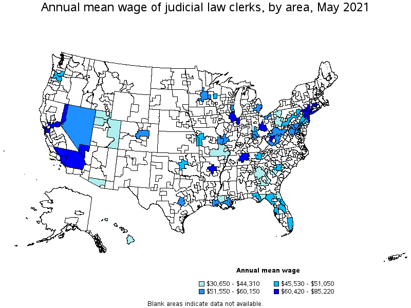 Map of annual mean wages of judicial law clerks by area, May 2021