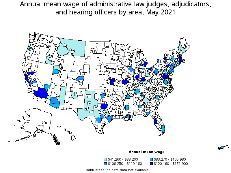 Map of annual mean wages of administrative law judges, adjudicators, and hearing officers by area, May 2021