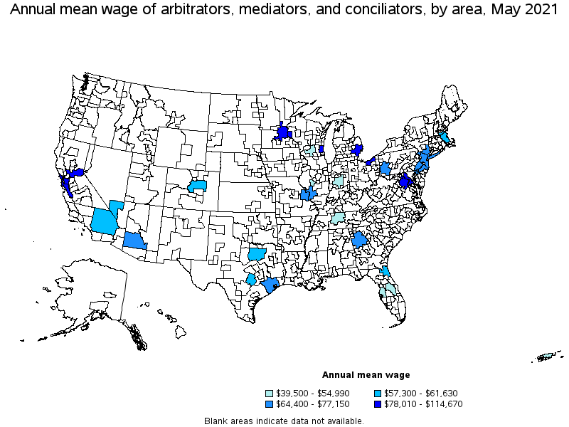 Map of annual mean wages of arbitrators, mediators, and conciliators by area, May 2021