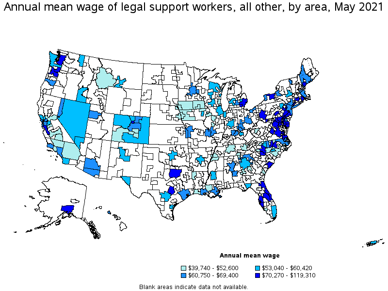 Map of annual mean wages of legal support workers, all other by area, May 2021