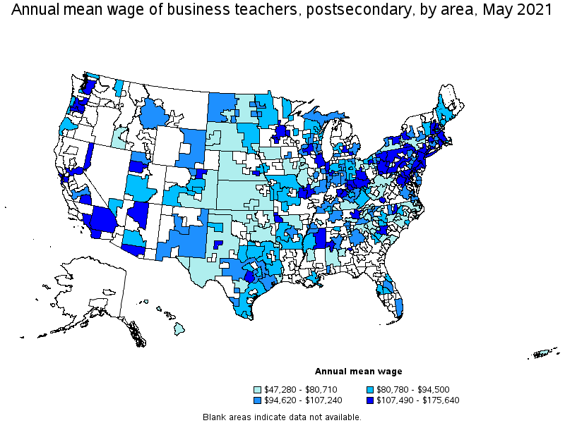 Map of annual mean wages of business teachers, postsecondary by area, May 2021
