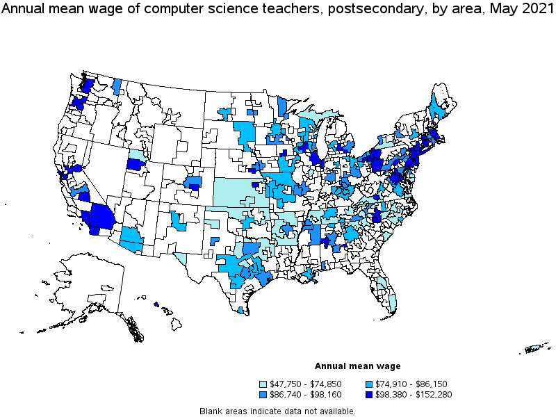 Map of annual mean wages of computer science teachers, postsecondary by area, May 2021