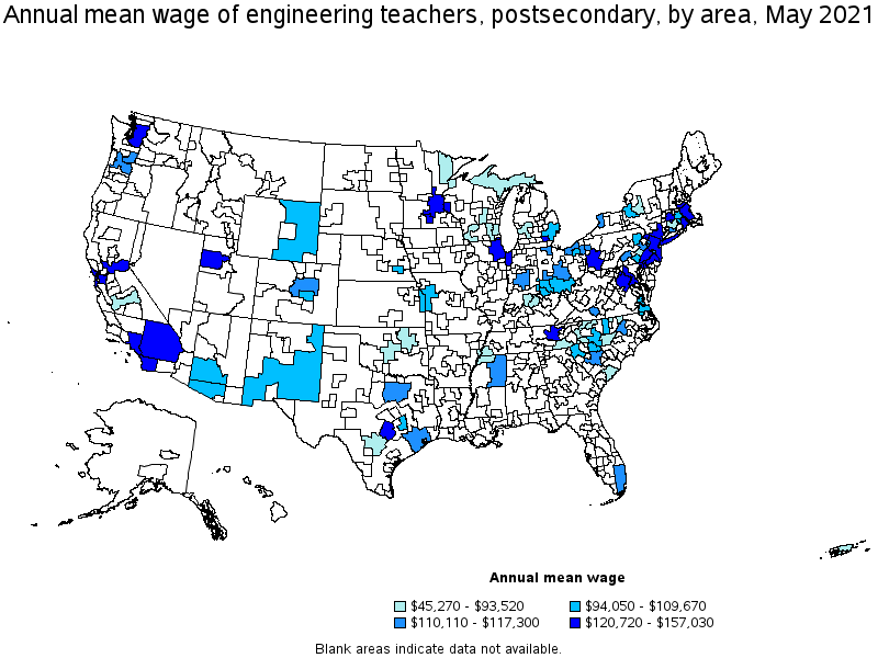 Map of annual mean wages of engineering teachers, postsecondary by area, May 2021