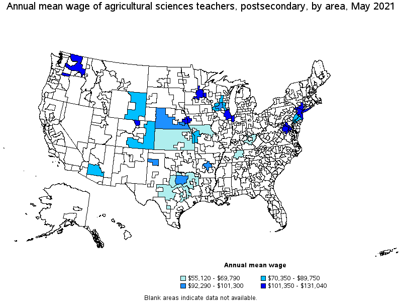 Map of annual mean wages of agricultural sciences teachers, postsecondary by area, May 2021