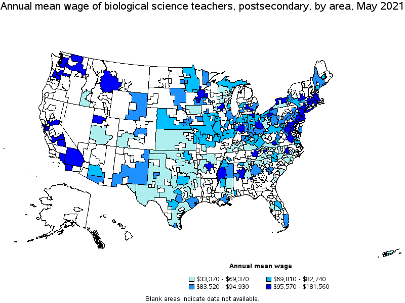 Map of annual mean wages of biological science teachers, postsecondary by area, May 2021