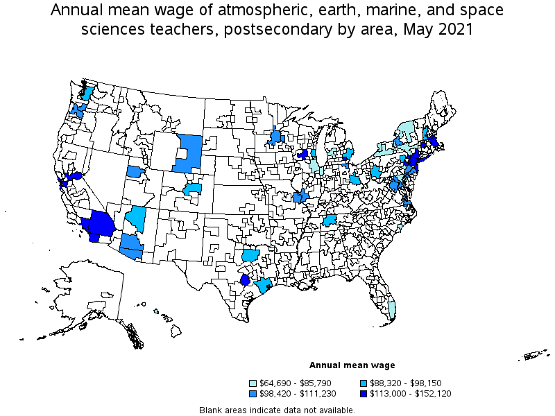 Map of annual mean wages of atmospheric, earth, marine, and space sciences teachers, postsecondary by area, May 2021