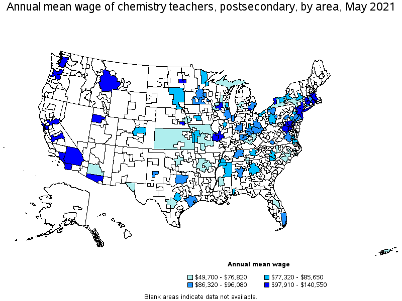 Map of annual mean wages of chemistry teachers, postsecondary by area, May 2021