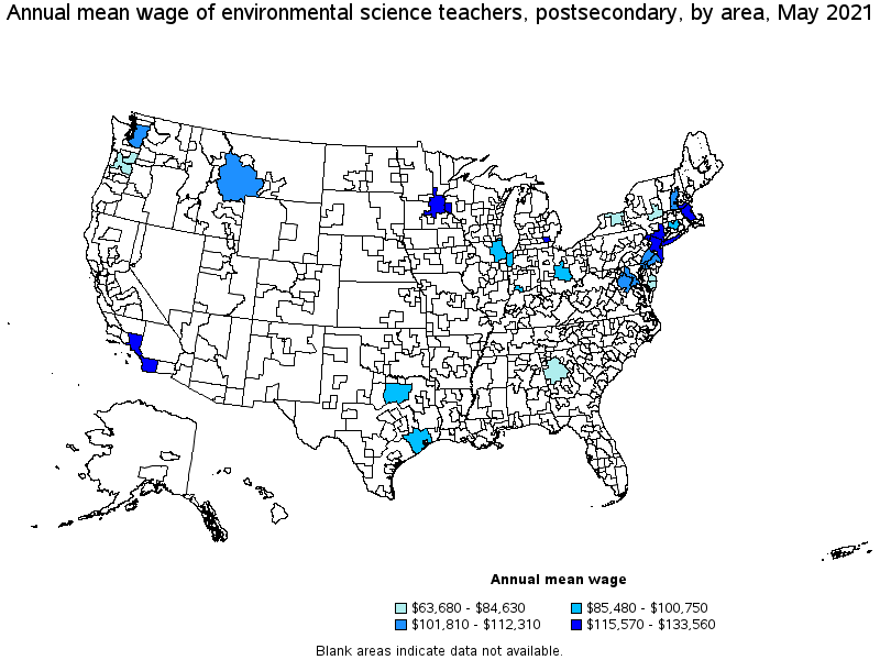 Map of annual mean wages of environmental science teachers, postsecondary by area, May 2021