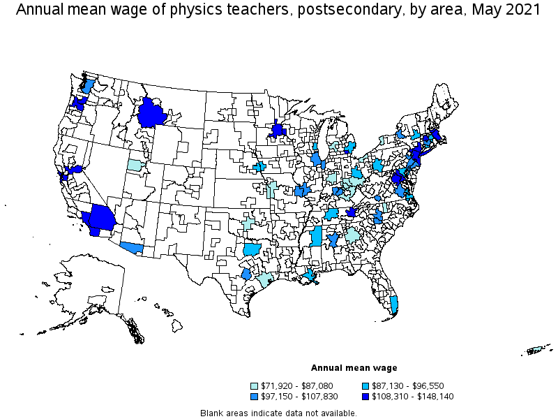 Map of annual mean wages of physics teachers, postsecondary by area, May 2021