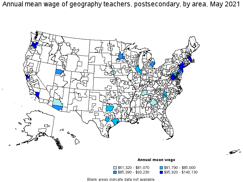 Map of annual mean wages of geography teachers, postsecondary by area, May 2021