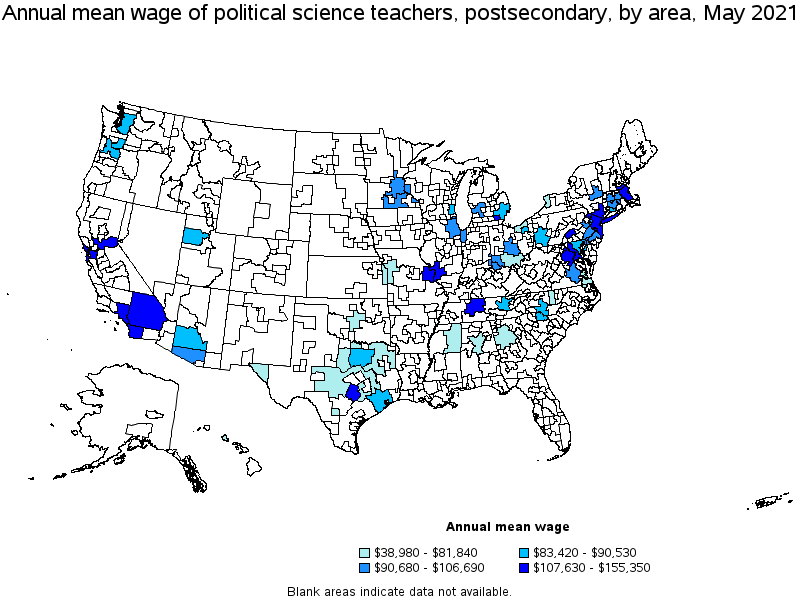 Map of annual mean wages of political science teachers, postsecondary by area, May 2021
