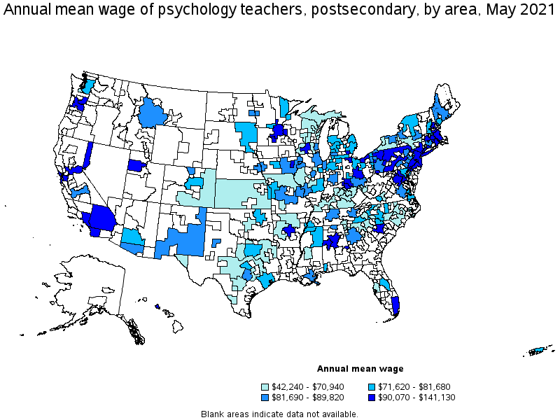 Map of annual mean wages of psychology teachers, postsecondary by area, May 2021