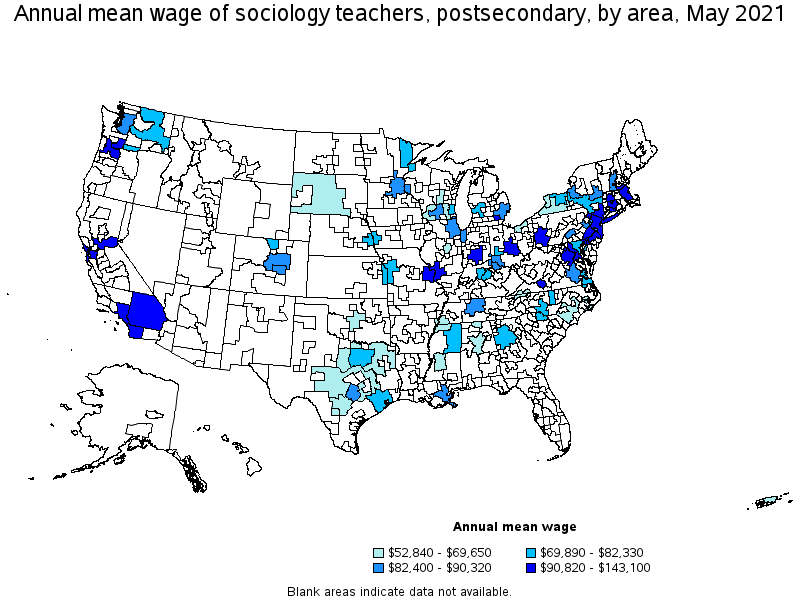 Map of annual mean wages of sociology teachers, postsecondary by area, May 2021