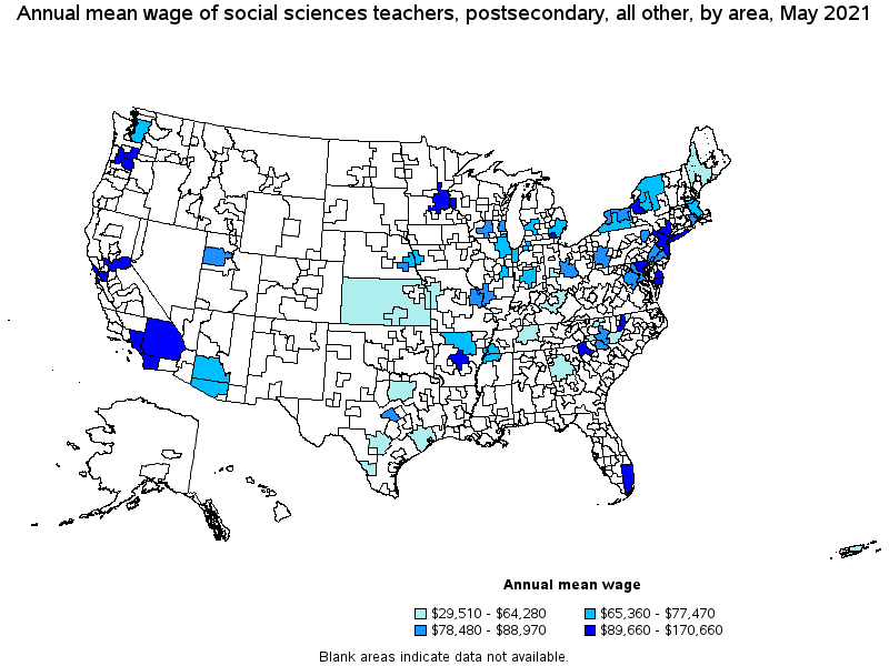 Map of annual mean wages of social sciences teachers, postsecondary, all other by area, May 2021