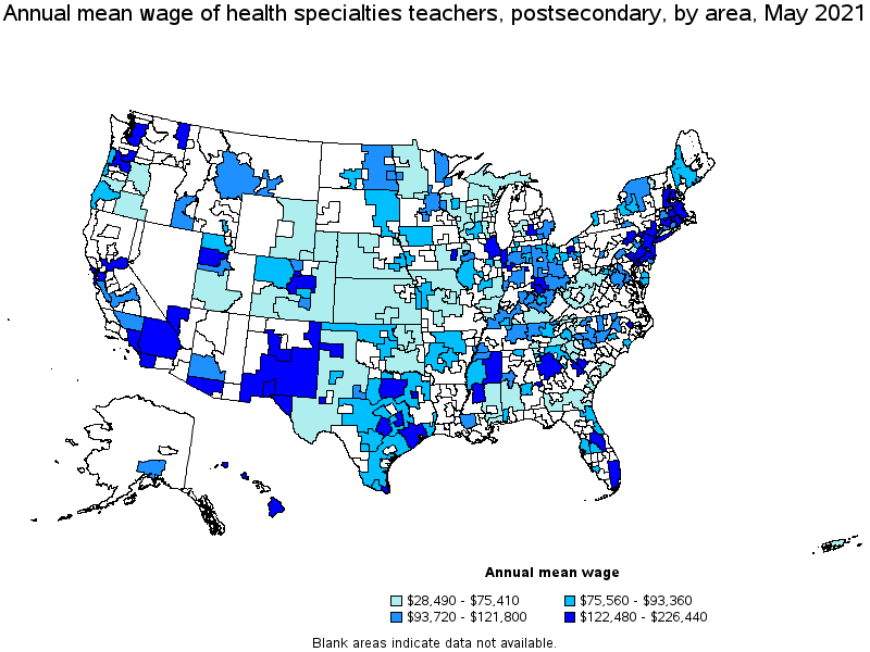 Map of annual mean wages of health specialties teachers, postsecondary by area, May 2021