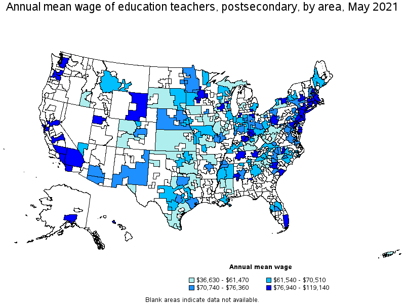Map of annual mean wages of education teachers, postsecondary by area, May 2021
