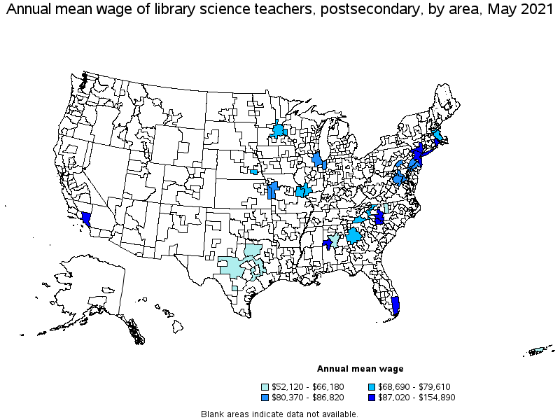 Map of annual mean wages of library science teachers, postsecondary by area, May 2021