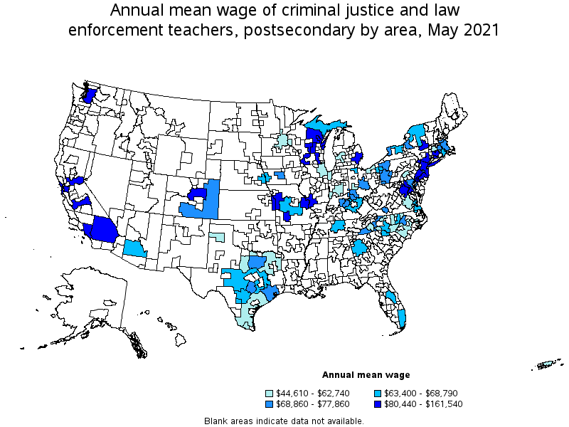 Map of annual mean wages of criminal justice and law enforcement teachers, postsecondary by area, May 2021