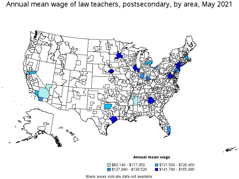 Map of annual mean wages of law teachers, postsecondary by area, May 2021