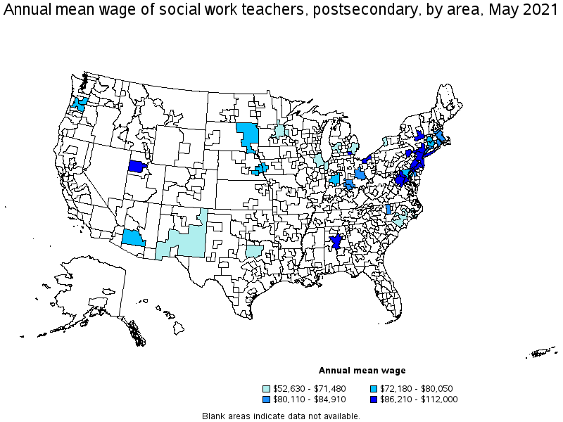 Map of annual mean wages of social work teachers, postsecondary by area, May 2021