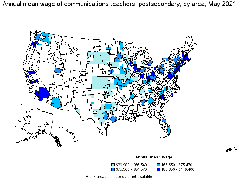 Map of annual mean wages of communications teachers, postsecondary by area, May 2021