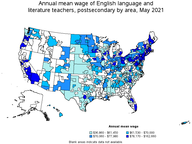 Map of annual mean wages of english language and literature teachers, postsecondary by area, May 2021