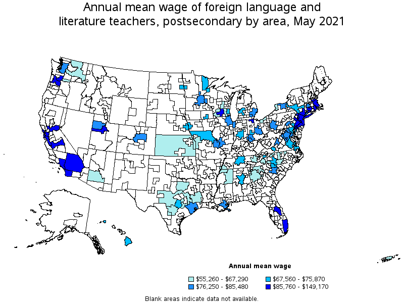 Map of annual mean wages of foreign language and literature teachers, postsecondary by area, May 2021