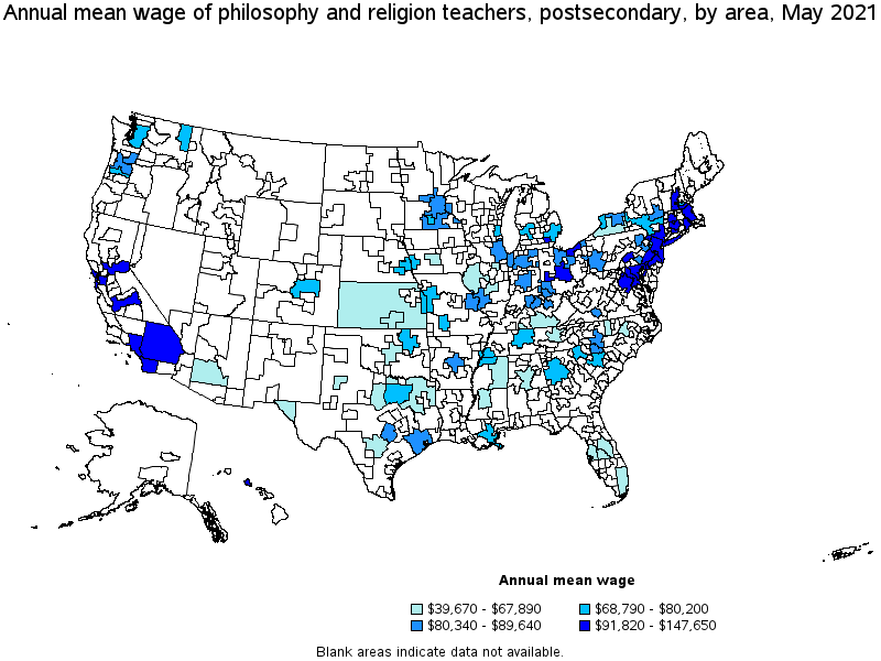 Map of annual mean wages of philosophy and religion teachers, postsecondary by area, May 2021