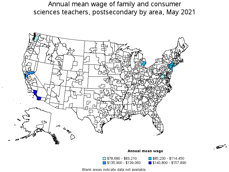 Map of annual mean wages of family and consumer sciences teachers, postsecondary by area, May 2021