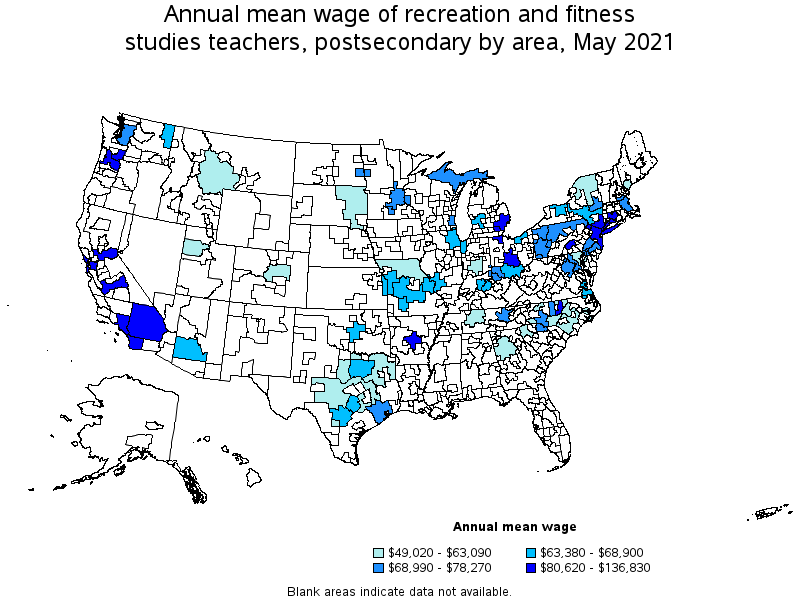 Map of annual mean wages of recreation and fitness studies teachers, postsecondary by area, May 2021