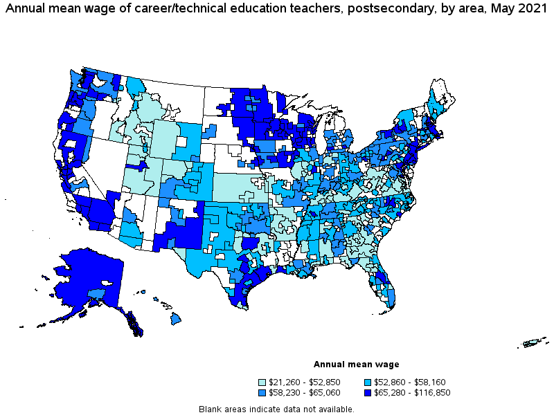 Map of annual mean wages of career/technical education teachers, postsecondary by area, May 2021