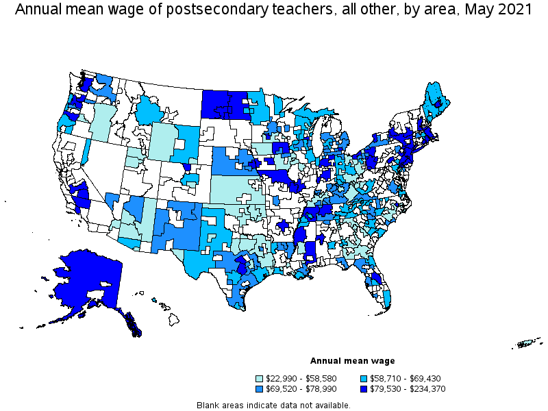 Map of annual mean wages of postsecondary teachers, all other by area, May 2021