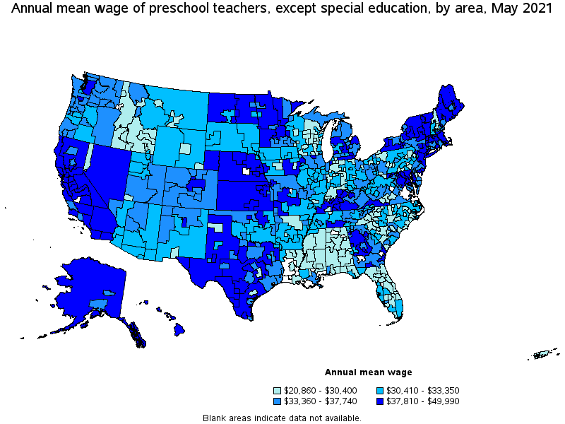 Map of annual mean wages of preschool teachers, except special education by area, May 2021