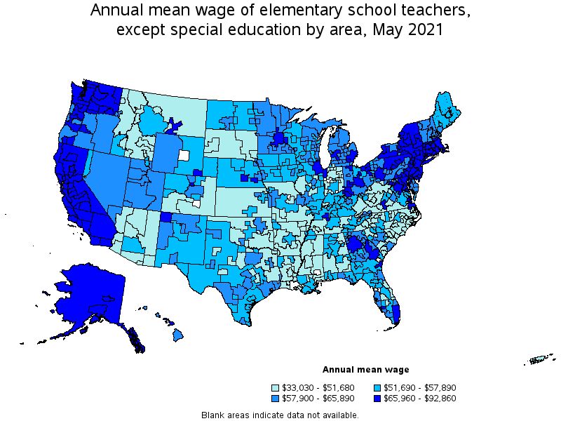 Map of annual mean wages of elementary school teachers, except special education by area, May 2021