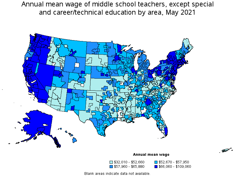 Map of annual mean wages of middle school teachers, except special and career/technical education by area, May 2021
