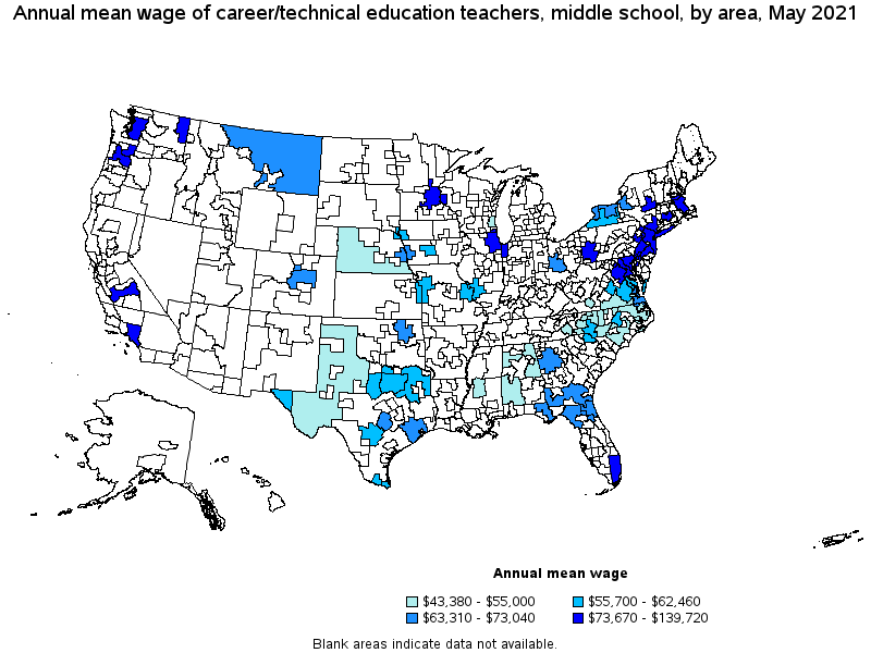 Map of annual mean wages of career/technical education teachers, middle school by area, May 2021
