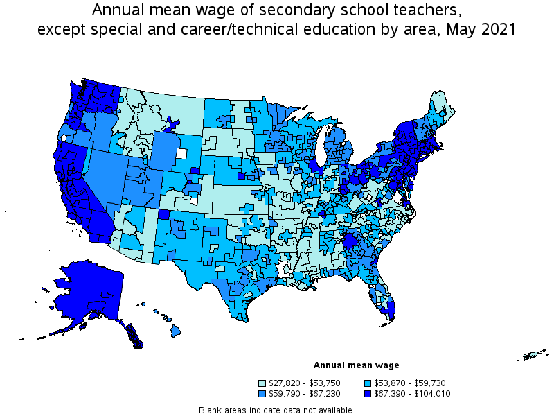 Map of annual mean wages of secondary school teachers, except special and career/technical education by area, May 2021