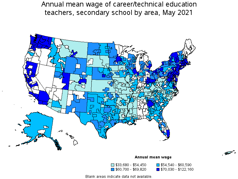 Map of annual mean wages of career/technical education teachers, secondary school by area, May 2021