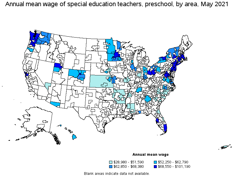 Map of annual mean wages of special education teachers, preschool by area, May 2021