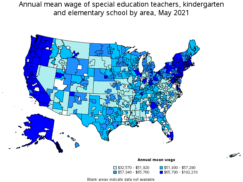 Map of annual mean wages of special education teachers, kindergarten and elementary school by area, May 2021