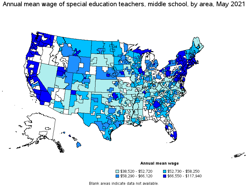 Map of annual mean wages of special education teachers, middle school by area, May 2021