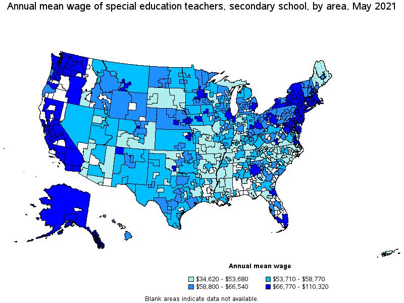 Map of annual mean wages of special education teachers, secondary school by area, May 2021