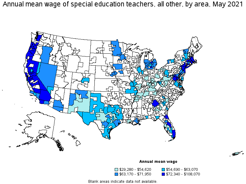 Map of annual mean wages of special education teachers, all other by area, May 2021